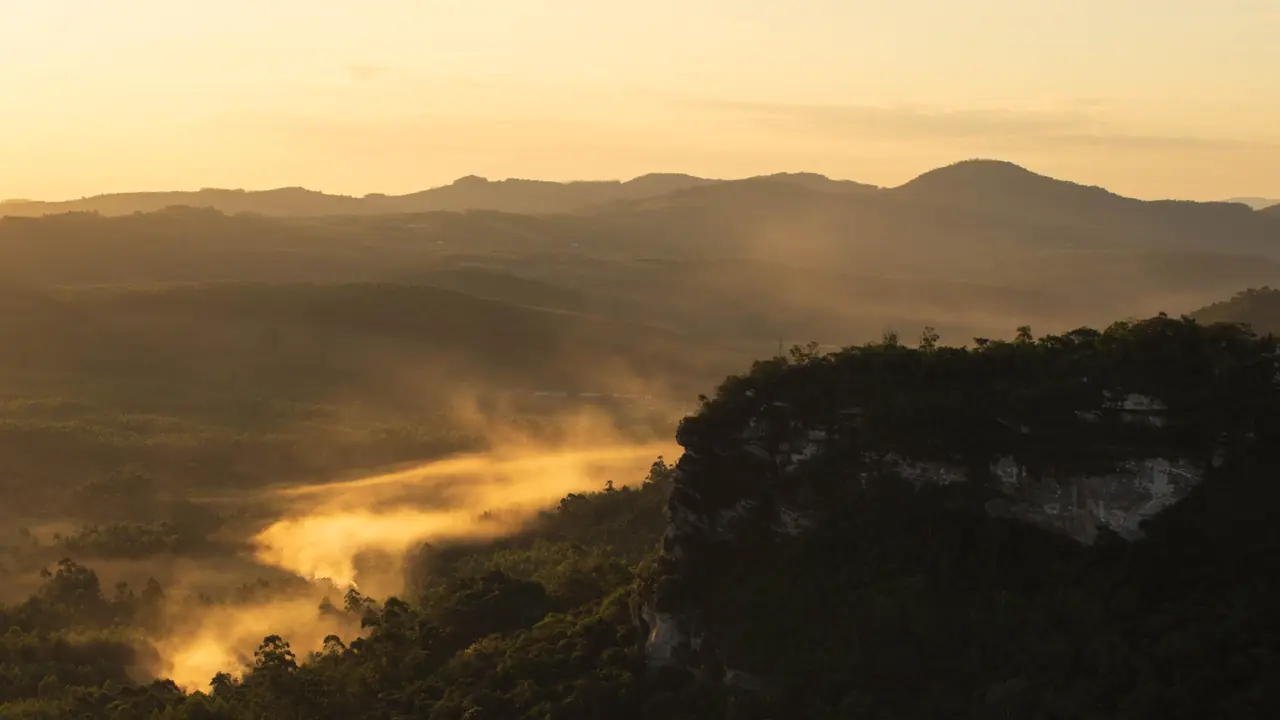 Example frame: forested hills with golden mist at sunrise